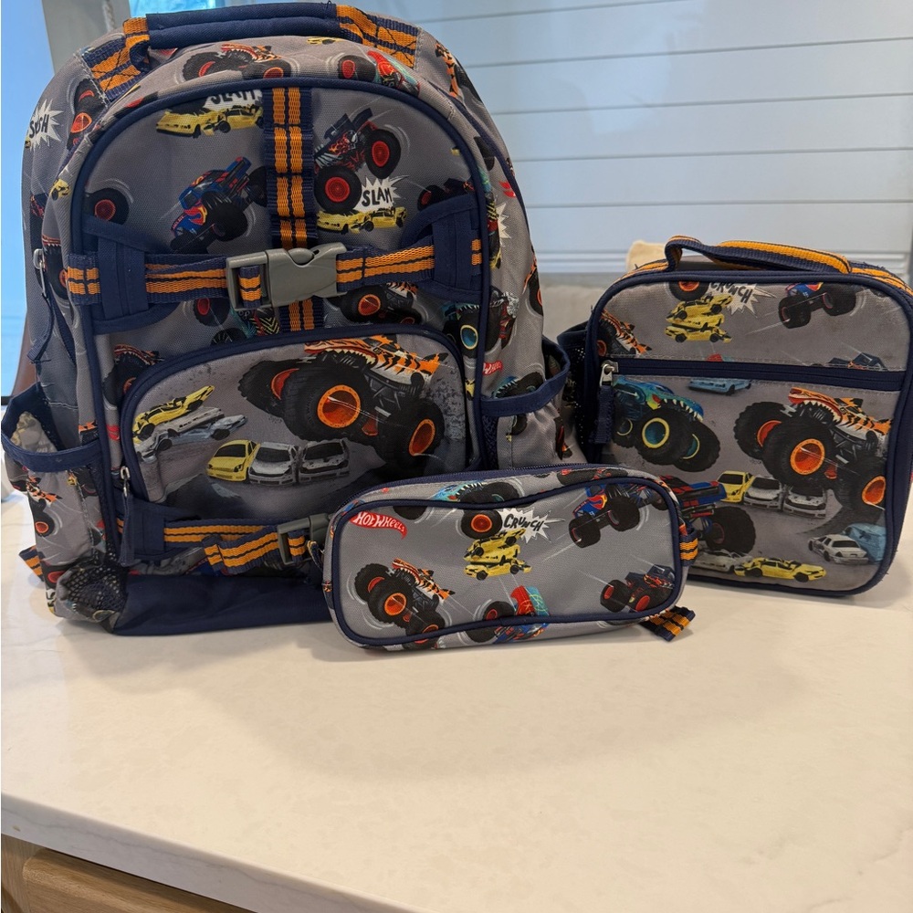 Pottery Barn Kids Monster Truck Backpack Set - Gray and Orange